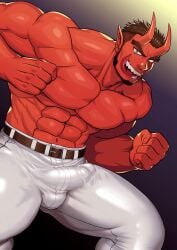 1boy abs balls_under_clothes bara beard beefy biceps big_bulge big_penis breasts broad_shoulders brown_hair bulge bulge_through_clothing clenched_hand collarbone curved_penis curved_to_the_right_penis daddy demon demon_horns devil devil_horns dilf erection erection_under_clothes forked_eyebrows frown gay genital_outline glans gradient_background hi_res huge_cock hunk legs_apart long_horn long_tongue looking_at_viewer male male_only manly mature_male muscles muscular muscular_arms muscular_male muscular_neck navel no_body_hair original original_character osa_(marumaru023) pecs penis pointy_ears red_body sharp_teeth short_hair sideburns simple_background six_pack slit_pupils solo standing teeth_showing thick_eyebrows thick_penis tight_clothing tongue_out topless tough_guy triceps v-shaped_eyebrows very_high_resolution yaoi yellow_eyes