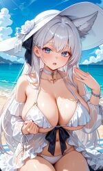 beach black_ribbon blue_eyes elf_ears white_bikini white_hair wolf_ears