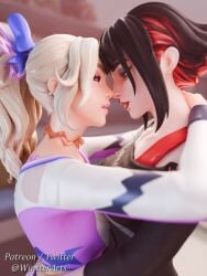 2girls 3d blonde_female blonde_hair blonde_hair blonde_hair_female blue_eyes blurry_background cheerleader cheerleader_outfit cheerleader_uniform clothed clothing epic_games eyeshadow female female_only fortnite fortnite:_battle_royale fully_clothed goth hair_ornament hands_on_another's_waist haylee_skye_(fortnite) light-skinned_female light_skin lipstick looking_at_another looking_at_partner makeup morgan_myst_(fortnite) multicolored_hair neckwear outside pink_lipstick ponytail purple_eyes red_lipstick short_hair side_view smile smiling tagme wintterarts yuri yuri