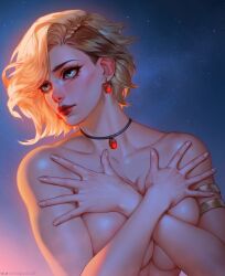 1girls big_breasts blizzard_entertainment blonde_hair cmapca_art covering_breasts female female_only huge_breasts human human_(world_of_warcraft) light-skinned_female light_skin nora_shieldmaiden nude original_character pinup short_hair solo voluptuous voluptuous_female warcraft wide_hips world_of_warcraft