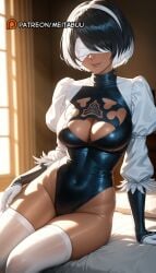 ai_generated arm_support bed black_blindfold black_hair black_leotard blindfold breasts cleavage cleavage_cutout closed_mouth clothing_cutout covered_eyes covered_navel curtains dark-skinned_female dark_skin facing_viewer feather-trimmed_sleeves female gloves hairband highleg highleg_leotard indoors juliet_sleeves large_breasts leotard long_sleeves meitabuu mole mole_under_mouth multicolored_hair nier nier(series) nier:_automata nier:automata on_bed patreon_username pillow puffy_sleeves short_hair sitting smile solo thighhighs thighs turtleneck_leotard white_gloves white_hair white_hairband white_thighhighs window yorha_2b