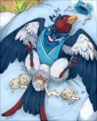 absurd_res animal_genitalia avian avian_feet beak blue_body bodily_fluids cloaca cloaca_juice egg feathered_crest feathered_wings feathers feet female feral flight_attendant_uniform generation_2_pokemon generation_3_pokemon genital_fluids genitals h_havik head_crest hi_res legendary_pokemon lugia markings mistral_(gyro) nintendo oviposition pokemon pokemon_(species) red_markings scarf swellow tail tail_feathers talons toes white_body white_markings wings yellow_eyes