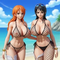 3d ai_generated artist_request beach big_breasts breasts clothing female female_only nami_(one_piece) nico_robin one_piece