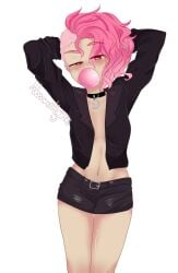 artist_request fhs fhsz3r0 fnafhs fnafhs_z3ro fnafhsrule34 fnafhsxxx jacket jacket_open looking_at_viewer maggie_(fnafhs) pink_eyes pink_hair posing_for_the_viewer seductive topless unknown_artist