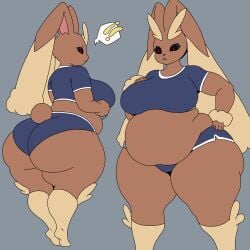 !! 1girls anthro belly belly_overhang black_sclera booty_shorts bracelet bracelet_(marking) brown_fur chubby chubby_female cream_fur dolphin_shorts eyelashes fat female female_only flat_colors floppy_ears game_freak hand_on_breast hand_on_hip hips lagomorph looking_back lopunny love_handles midriff muffin_top nintendo overweight overweight_female pokemon pokemon_(species) rabbit red_eyes shirt shorts sketch socks_(marking) solo supbunny_ly thick_thighs tiptoes two_tone_fur yapbunny