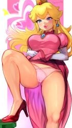 1girls ass_visible_through_thighs blonde_hair blue_eyes blush bow bow_panties breasts clothes clothes_lift crown dress dress_lift dress_lifted_by_self earrings elbow_gloves female gloves large_breasts lipstick long_gloves mario_(series) nintendo panties pink_dress pink_footwear princess_peach r123 solo solo_female solo_focus thighs underwear white_elbow_gloves white_female white_gloves white_long_gloves