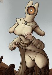 acoustic_monster android anthro big_breasts breasts clockwork clothing dress dress_lift female giantess humanoid keadonger machine monster nipple_bulge pussy robot scp-808 scp_foundation simple_background solo speaker wool