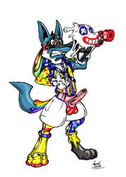 3_fingers 3_toes agent_(artist) anthro balls black_fur blue_fur boots canine clothing clown drone footwear fur gas_mask goo_transformation harness lucario male male_only mammal mask mind_control nintendo orgasm penis pokemon pokemon_(species) red_balls red_penis reyn_the_lucario rubber shiny solo standing story story_in_description straps teeth toes transformation video_games zipper