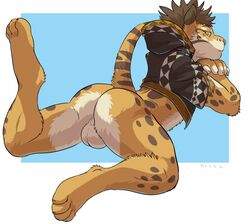 2018 anthro backsack balls clothing feline fur likulau looking_back lying male male_only mammal negger nekojishi nude signature solo spots spotted_fur tiger