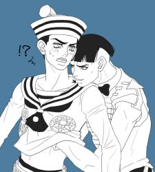 2boys blush clothed clothing gay grabbing grabbing_from_behind groping jojo's_bizarre_adventure jojolion joshu_higashikata josuke_higashikata_(jojolion) sailor_hat sailor_uniform tagme tagme_(artist) tooth_gap yaoi