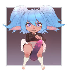 2020 biped blue_hair bodily_fluids clothing_lift disembodied_hand disembodied_penis duo erection female female_focus footwear genitals highres humanoid junyois league_of_legends long_ears looking_at_viewer male mammal panties penis poppy riot_games shortstack simple_background socks solo_focus star_guardian_poppy star_guardian_series sweat testicles topwear underwear yordle