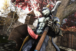 3d anthro armor balls clothing dragon erection horn jewelry knot loincloth looking_at_viewer male male_only medieval muetank muscular nature open_mouth outside penis shield solo source_filmmaker standing video_games weapon