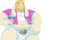 1boy 2017 5_fingers anthro asgore_dreemurr beard blonde_hair blush bondage boss_monster caprine chastity chastity_cage clothed clothing daire301 facial_hair fur goat hair hi_res horn long_ears male male_only mammal penis simple_background solo undertale video_games white_background white_fur