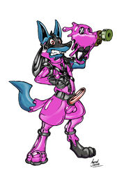 3_fingers 3_toes agent_(artist) anthro balls black_fur blue_fur boots canine clothing drone footwear fur gas_mask goo_transformation harness lucario male male_only mammal mask mind_control nintendo orgasm penis pink_balls pink_penis pokemon pokemon_(species) reyn_the_lucario rubber shiny solo standing straps teeth toes transformation video_games zipper