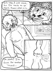 2018 anthro balls canine comic cum dialogue duo english_text erection fox fur hair male mammal nipples nude open_mouth penis sex simple_background speech_bubble teeth text triadfox white_fur yaoi