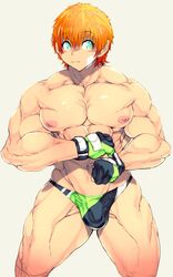 1boy abs aqua_eyes bulge gloves human jin-jin male_only muscle nipples orange_hair solo thong topless