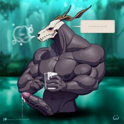 1boy anthro bara blurry_background blush bunnywolf cum cum_in_mouth elias_ainsworth english_text erect forest gay gay_male horn male_only muscles precum skull speech_bubble the_ancient_magus_bride vein veiny_penis water wolfiecanem