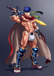 1boy 2015 abs armpit_hair bara blue_hair bulge fire_emblem fire_emblem:_radiant_dawn human ike_(fire_emblem) jockstrap luxuris male male_only muscle muscular patreon pubic_hair ragnell_(fire_emblem) solo sword underwear warrior