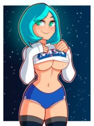 1girls aqua_hair black_legwear blue_hair blue_shorts breasts buruma chemical_bro earth-chan female female_only highres large_breasts nasa navel no_bra shirt_lift short_hair smile solo thighhighs underboob