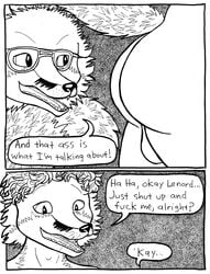 2018 anthro ass balls canine comic cum dialogue duo english_text fox fur hair male mammal nude open_mouth sex simple_background smile teeth text triadfox white_fur yaoi