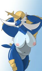 absurd_res anthro big_arms big_breasts big_legs big_nipples blue_body breasts facial_hair female hi_res horn invalid_tag moustache nintendo nipples overweight pokémon_(species) pokemon pussy red_eyes rhuanfps samurott simple_background slightly_chubby solo video_games