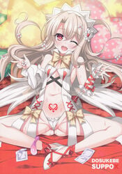 1girls ;d ass blush bow breasts condom condom_wrapper eyebrows_visible_through_hair fate/kaleid_liner_prisma_illya fate_(series) female gluteal_fold hair_flower hair_ornament heart heart-shaped_pupils heart_tattoo high_heels illyasviel_von_einzbern light_brown_hair long_hair looking_at_viewer navel one_eye_closed open_mouth panties panty_pull polka_dot polka_dot_pillow pussy_juice_stain red_bow red_eyes scan sitting small_breasts solo soukai_(lemonmaiden) standing star stiletto_heels sweat symbol-shaped_pupils tattoo underwear used_condom v white_bow white_panties