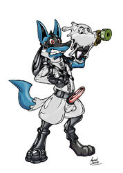 3_fingers 3_toes agent_(artist) anthro balls black_fur blue_fur boots canine clothing drone footwear fur gas_mask goo_transformation harness lucario male male_only mammal mask mind_control nintendo orgasm penis pokemon pokemon_(species) red_penis reyn_the_lucario rubber shiny solo standing straps teeth toes transformation video_games white_balls zipper