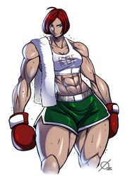 1girls abs bare_shoulders biceps big_thighs blue_eyes boxing boxing_gloves boxing_shorts breasts cleavage clothed clothing female female_only gloves green_shorts half-closed_eyes huge_thighs human human_only king_of_fighters large_thighs light-skinned_female light_skin lips looking_at_viewer medium_breasts midriff muscles muscular_female osmar-shotgun red_boxing_gloves red_gloves red_hair shiny_hair shiny_skin short_hair shorts snk solo solo_female sweat tank_top text_on_clothing text_on_topwear thick thick_hips thick_thighs thighs_bigger_than_head towel towel_on_shoulder vanessa_(kof) white_background white_tank_top wide_hips