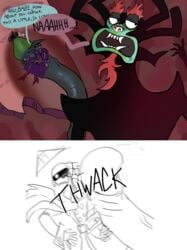 aku clemendew cockslap demon gay hyper hyper_penis penis samurai_jack scaramouche size_difference