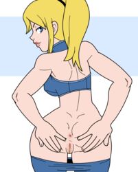 anus ass back bare_shoulders blonde_hair blue_eyes breasts casual_outfit_(metroid) long_hair looking_at_viewer looking_back metroid nintendo ponytail pussy samus_aran shamefuldisplay shorts shorts_down sideboob sidelocks smile spread_ass