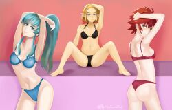 3girls alternate_hairstyle aqua_hair arm_behind_head arm_up arms_up back back_view bare_arms bare_back bare_legs bare_midriff bare_thighs barefoot bettercommsoul big_ass black_bra black_panties blonde_hair blue_bra blue_eyes blue_panties bra breasts brown_eyes crossover earrings eirika_(fire_emblem) eirika_(pledged_restorer)_(fire_emblem) female female_only fire_emblem fire_emblem:_the_sacred_stones fire_emblem_fates fire_emblem_heroes from_behind hinoka_(fire_emblem) legs long_hair looking_at_viewer looking_back medium_breasts midriff multicolored_hair multiple_girls navel nintendo official_alternate_hairstyle panties pointy_ears ponytail pose princess_zelda red_bra red_hair red_panties sidelocks sitting small_breasts smile spread_legs tears_of_the_kingdom the_legend_of_zelda thighs underwear yellow_hair zelda_(tears_of_the_kingdom)