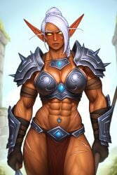 abs ai_generated aralyva armor cleavage elf female female_only muscular_female pelvic_curtain revealing_clothes scar scars sweat veins warcraft white_hair world_of_warcraft yellow_eyes