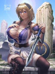 big_breasts blonde_hair breasts cleavage huge_breasts large_breasts long_hair looking_at_viewer panties short_skirt skirt sophitia_alexandra soul_calibur upskirt