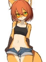 anthro black_clothing blue_eyes bottomwear breasts brown_hands canid canine clothing clothing_aside countershade_face countershade_torso countershading eyebrows eyelashes eyewear female fluffy fluffy_tail fox front_view fur hair hi_res kemono lilkon looking_at_viewer mammal markings orange_body orange_fur orange_hair orange_tail short_hair shorts small_breasts solo standing tail undressing white_body white_fur yumi_(lilkon)