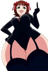 ai_generated amami_haruka cute_girl dommy_mommy femdom from_below garter_straps hair_accessory hand_on_hip haruka_amami idolmaster idolmaster_(classic) kneehighs looking_down_at_viewer middle_finger sassy stepped_on the_idolm@ster thick_thighs tongue_out