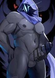 1boy abs balls bara biceps big_balls big_penis erection hood hood_up hooded hooded_male male male_nipples male_only masturbation muscular_male nipples not_hotspring nude omen_(valorant) pecs penis purple_hood riot_games valorant