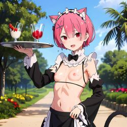 ai_generated beach cat_ears holding_object maid_outfit pink_hair ram_(re:zero) small_breasts topless