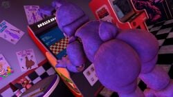 3d_(artwork) absurd_res animatronic anthro arcade arcade_machine ass big_butt bonnie_(fnaf) bow_tie checkered checkered_floor classic_bonnie_(fnaf) container digital_media_(artwork) drawing_(object) five_nights_at_freddy&#039;s five_nights_at_freddy&#039;s_(2014) food gaming hi_res lagomorph leporid machine male mammal nsg_editor nude pizza pizza_box playing_video_game plushie presenting presenting_hindquarters rabbit raised_tail robot scottgames soda_bottle solo source_filmmaker_(artwork) tail thick_thighs wide_hips widescreen