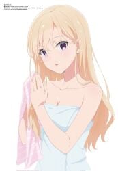 ayase_saki bare_arms bare_shoulders blonde_hair blush breasts cleavage collarbone gimai_seikatsu long_hair medium_breasts megami_magazine naked_towel official_art open_mouth purple_eyes towel towel_only