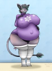 big_breasts furry furry_only grey_fur gyro-furry mouseyena nipple_bulge nix_hinds pregnant purple_sweater ready_to_pop snowflake_pattern tongue_out winking_at_viewer