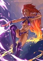 1girls abs alternate_version_available armor big_breasts bikini bikini_armor dc dc_comics fire flying glowing_eyes green_eyes justice_league koriand'r lingerie long_hair magic misami necklace one_leg_up parted_lips red_hair ruby_(gem) slim_waist solo starfire starfire_(comics) superheroine tan_body teen_titans thighhighs