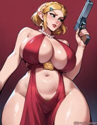 ai_generated bare_legs bare_shoulders bare_thighs big_breasts blonde_hair breasts center_opening clothing curvaceous curvy curvy_body curvy_female curvy_figure dress earrings from_below green_eyes gun hairpin hi_res high_resolution highres hips holding holding_gun huge_breasts large_breasts lipstick looking_away navel open_mouth pearl_necklace pistol princess_zelda pubic_hair pubic_hair_peek red_background red_dress shiny_skin short_hair sideboob simple_background spongiersponge tears_of_the_kingdom the_legend_of_zelda the_legend_of_zelda:_tears_of_the_kingdom thick_thighs thighs underboob voluptuous voluptuous_female wide_hips zelda_(tears_of_the_kingdom)