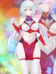 belly_button black_shorts busty clothed red_clothing ultraman_(franchise) white_clothing white_hair white_skin white_stockings yellow_eyes