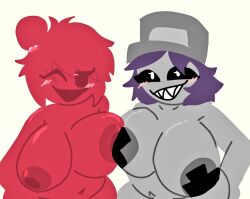 2girls alraccoon areolae breasts chubby_female colored completely_nude completely_nude_female digital_drawing_(artwork) female five_nights_at_freddy's friday_night_funkin hotfixns long_hair moroon_(friday_night_funkin) moroon_gag ourple_guy_(fnf_mod) red_body red_hair smile thick_thighs tongue