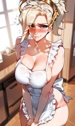 ai_generated blonde_hair blue_eyes blush embarrassed frilled_apron from_above large_breasts looking_at_viewer mercy naked_apron overwatch ponytail smile sweat v_arms