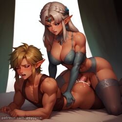 1boy 1futa abs ai_generated anal anal_sex artist_name artist_psyopsai bedroom big_penis blonde_hair blue_eyes breasts breath_of_the_wild clothing colored crown cum cum_in_ass cum_inside cum_while_penetrated curvy digital_media_(artwork) elbow_gloves elf elf_ears femboy futa_on_femboy futa_on_male futadom futanari indoors lingerie link male male_penetrated missionary_position muscles muscular muscular_futanari orgasm penis penis_size_difference princess princess_zelda sex side_view stockings the_legend_of_zelda thrusting uncensored veiny_penis watermark white_hair younger_male zelda_(a_link_between_worlds)