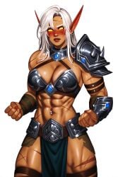 abs ai_generated aralyva armor blush cleavage elf female female_only muscular_female pelvic_curtain revealing_clothes scar scars sweat veins warcraft white_hair world_of_warcraft yellow_eyes