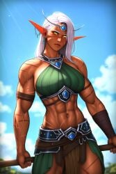 abs ai_generated aralyva armor cleavage elf female female_only muscular_female pelvic_curtain revealing_clothes scar scars sweat veins warcraft white_hair world_of_warcraft yellow_eyes