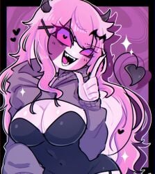 big_breasts cropped_hoodie demon_girl dress friday_night_funkin garter_straps hoodie pink_hair sarvente_(dokki.doodlez) simple_background succubus tagme yume0534