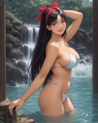 1girls arm_behind_head artist_request big_breasts bikini black_hair breasts busty cleavage female female_only from_side grey_eyes hair_ribbon hi_res king_of_fighters large_breasts legs long_hair looking_at_viewer nakoruru navel open_mouth pose posing river samurai_shodown sensual sideboob smile snk solo source_request thighs thong_bikini voluptuous water wet white_bikini